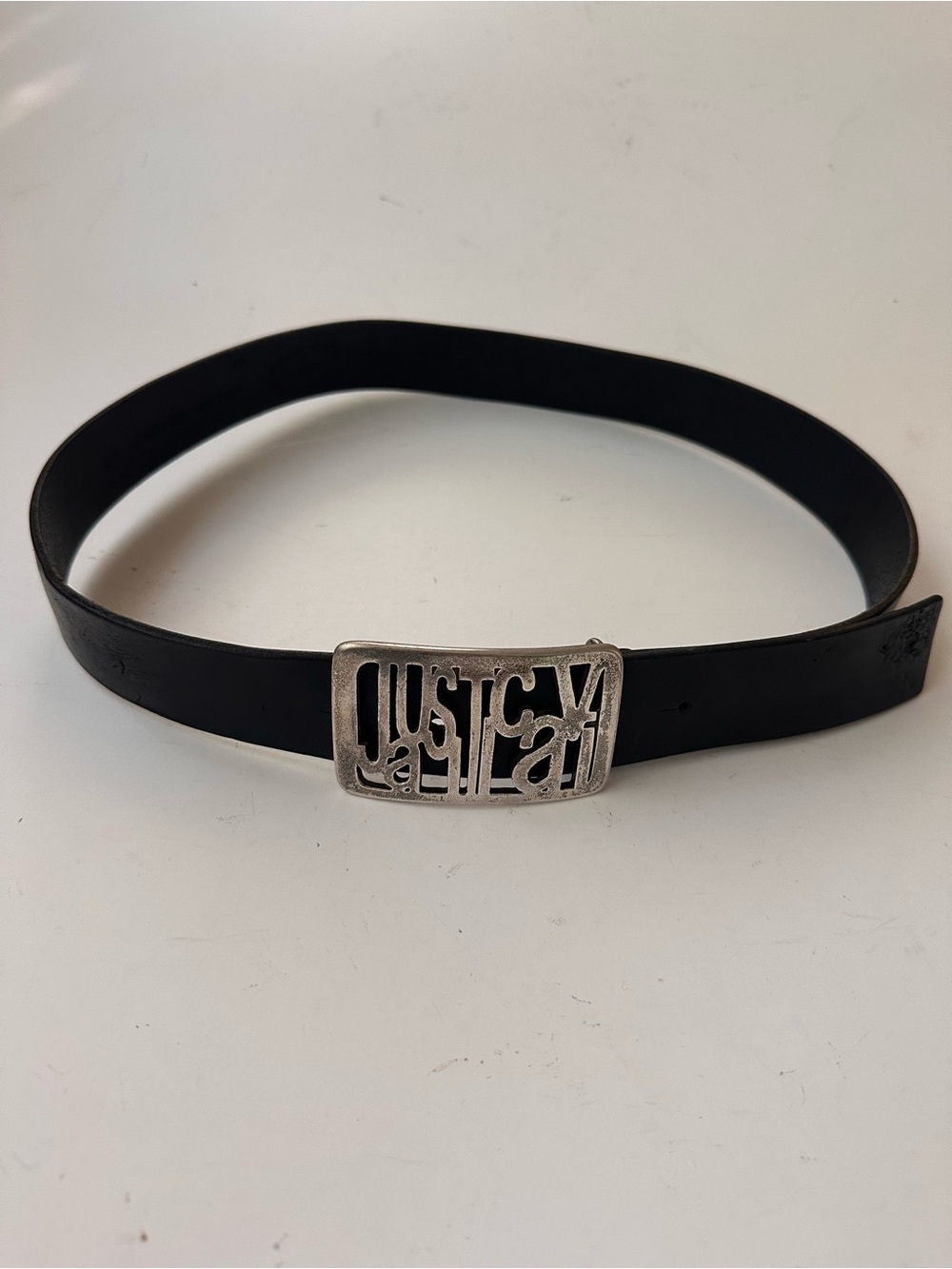 Authentic Vintage Just Cavalli Black
Leather Belt Size 85 Y2K Logo
Buckle